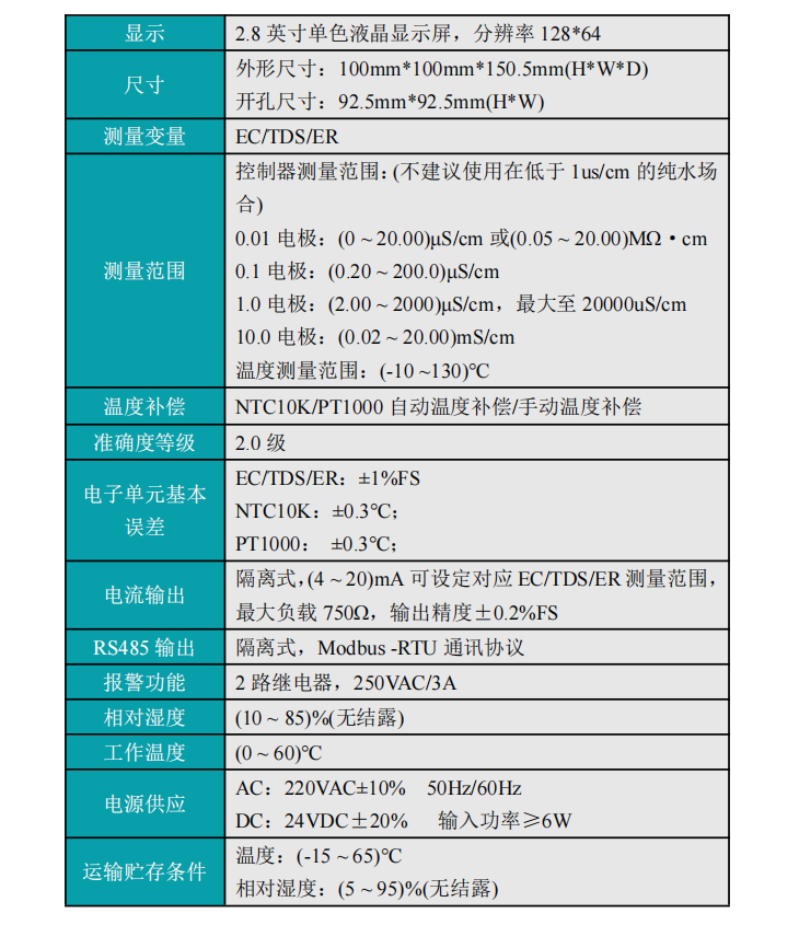 米科MIK-TDS210-B在線(xiàn)電導(dǎo)率測(cè)試儀參數(shù)表